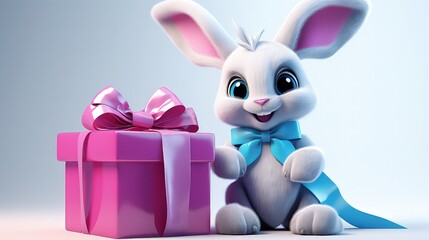 An adorable bunny surrounded by wrapped gifts and pink tulips, perfect for celebrating special occasions