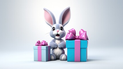 An adorable bunny surrounded by wrapped gifts and pink tulips, perfect for celebrating special occasions
