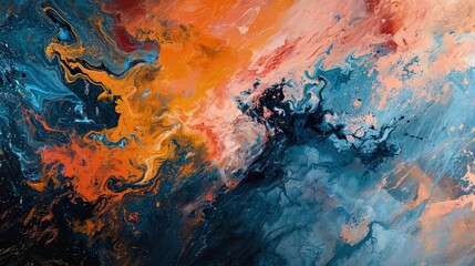 A vibrant clash of colors: a mesmerizing abstract acrylic painting that captures the dynamic interplay of fiery orange and cool blue