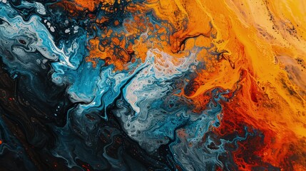 A vibrant clash of colors: a mesmerizing abstract acrylic painting that captures the dynamic interplay of fiery orange and cool blue - obrazy, fototapety, plakaty
