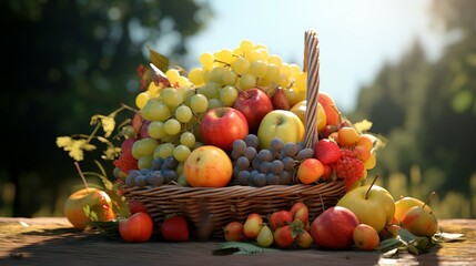 Sunlit assorted fruit basket outdoors - Generative AI