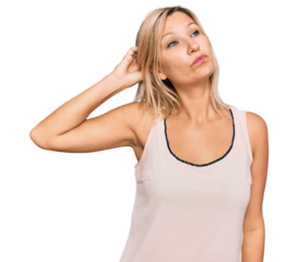 Middle age caucasian woman wearing casual clothes confuse and wondering about question. uncertain with doubt, thinking with hand on head. pensive concept.