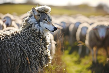 A cunning wolf, disguised in sheep's clothing, subtly blends in with a quiet flock, trying to deceive one of the sheep - obrazy, fototapety, plakaty