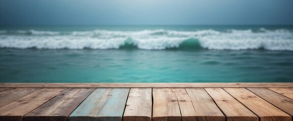 Blurred Rainy Seascape on Empty Wooden Table Background, Wooden Table