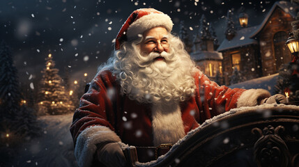 Santa in Christmas mood, it's snowing outside