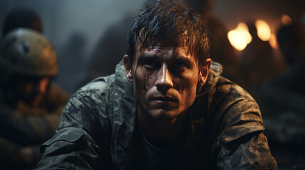 Obraz premium Military sad, desperate man in shelter, war concept