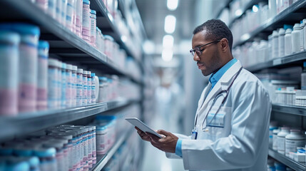 A pharmacist doctor is looking at a list of drugs in a pharmacy - obrazy, fototapety, plakaty