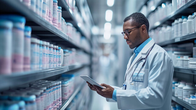A pharmacist doctor is looking at a list of drugs in a pharmacy
