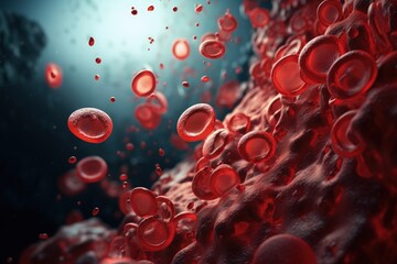 In microscopic world, countless vibrant erythrocytes, red blood cells, traverse circulatory system, tirelessly carrying life-sustaining oxygen, resembling a dynamic network vital for human vitality.