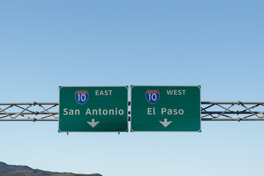signs in Fort Davis, Texas on Interstate 20 for Interstate 10 East toward San Antonia and West toward El Paso