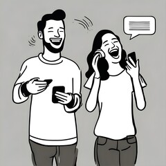 Young man and woman using their smartphone. Colorful vector illustration.
