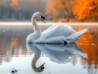A beautiful photograph of a serene swan on a calm lake, its reflection perfectly mirrored in the water