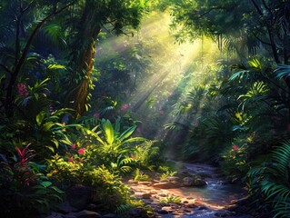 A digital painting of a dense rainforest, sunlight filtering through the canopy, illuminating the diverse flora and fauna