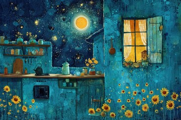 Illustration, night core, blue and teal in the kitchen,dyllic rural scenes, glittery and shiny, whimsical naive art, nostalgic atmosphere