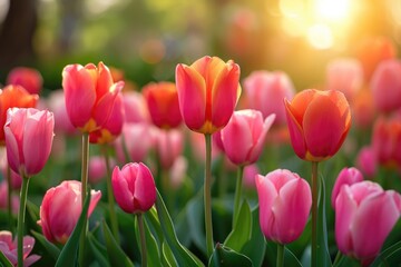 Lush garden of vibrant tulips in full bloom, soft sunlight filtering through