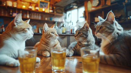Happy hour with cats in the bar background . Created using generative AI. - obrazy, fototapety, plakaty