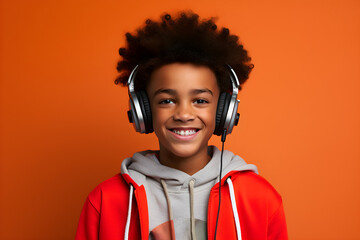 studio portrait of happy black boy wearing headphones isolated on orange background - Powered by Adobe