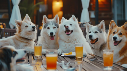 House background Siberian husky and Samoyed and corgi dogs chitchat during dinner. Created using generative AI. - obrazy, fototapety, plakaty