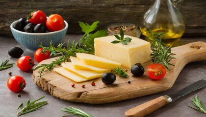Fototapeta na wymiar Cheese slices with olives, tomatoes and herbs on cutting board 