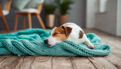 Jack russell terrier sleeping on turquoise  plaid on the  floor of living room.  - obrazy, fototapety, plakaty