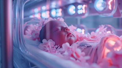 Premature newborn baby girl inside a NICU oxygen chamber in the hospital. Birthing center.