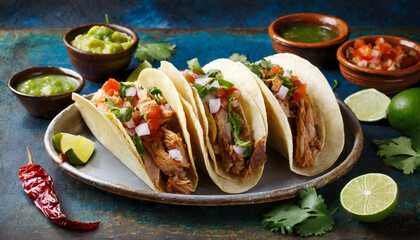 Three mexican pork  tacos , on blue wooden background.