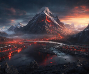 Beautiful sunset over the volcano mountain and  lava rivers.