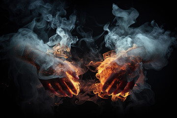 Man's hands in the flames of fire. Generated by artificial intelligence - obrazy, fototapety, plakaty