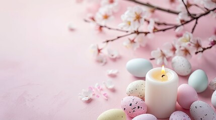Obraz na płótnie Canvas Burning white candle on pink table and background, pink blooming branch. Pastel eggs around candle. Calm, inspirational, minimalistic Easter card, banner.