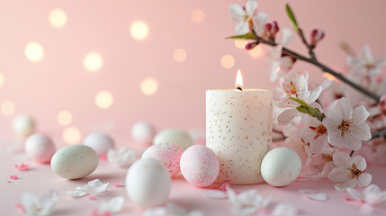 Burning white candle on pink table and background, pink blooming branch. Pastel eggs around candle. Calm, inspirational, minimalistic Easter card, banner.