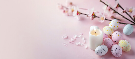 Fototapeta na wymiar Burning white candle on pink table and background, pink blooming branch. Pastel eggs around candle. Calm, inspirational, minimalistic Easter card, banner.