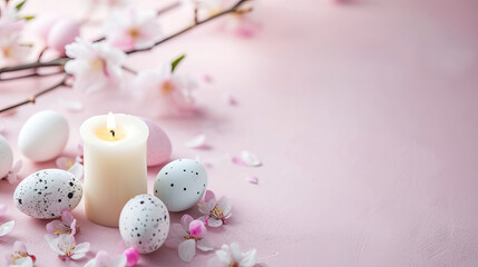 Obraz na płótnie Canvas Burning white candle on pink table and background, pink blooming branch. Pastel eggs around candle. Calm, inspirational, minimalistic Easter card, banner.