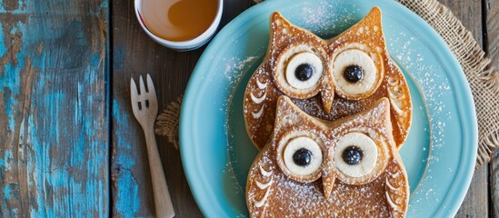 Breakfast of owl-shaped pancakes for children.