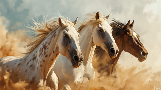 A dynamic image capturing a herd of horses galloping powerfully through a dusty desert. The scene is filled with energy and motion, emphasizing the wild beauty and strength of these majestic animals