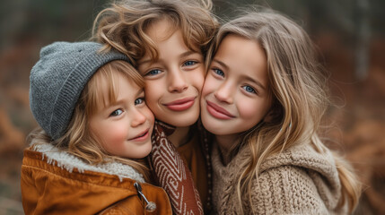 Three siblings hugging each other, cheek to cheek outside in winter clothes. Happy family portrait of just kids.