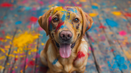Yellow labrador retriever dog covered in colorful paint. Trying to be an artist and paint.