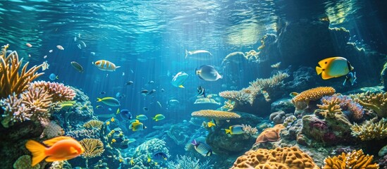 Underwater habitat with diverse marine life and corals at the ocean floor.