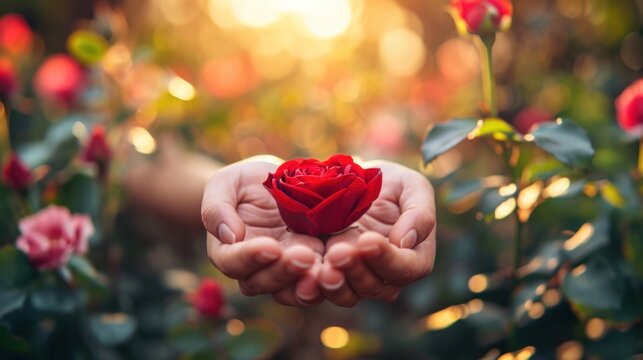 A person holding a red rose in their hands with flowers around them, AI