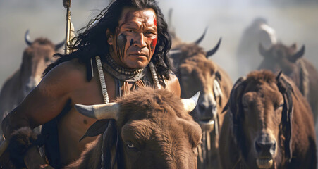 American indian and buffalo, ai generated. - obrazy, fototapety, plakaty