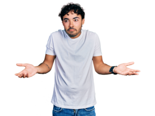 Hispanic young man with beard wearing casual white t shirt clueless and confused with open arms, no idea concept.
