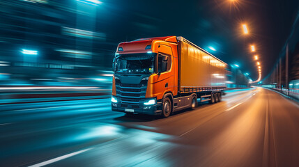 Fast moving trailer truck moving on the highway. Motion blurred background. Concept for logistics and shipping.