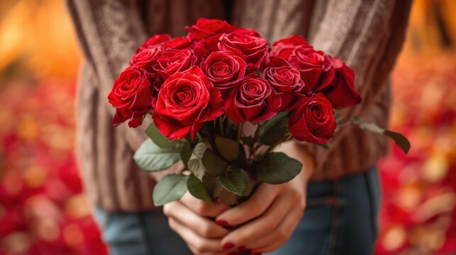 A woman holding a bouquet of red roses in her hands, AI