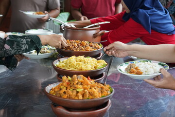 Various kinds of menus are served in buffet manner which is usually at a meeting, party, wedding or family gathering. Traditional culinary like chicken, fish, tempeh, tofu, potato, vegetable and egg. - Powered by Adobe