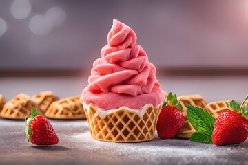 Strawberry sorbet in a waffle cone - obrazy, fototapety, plakaty