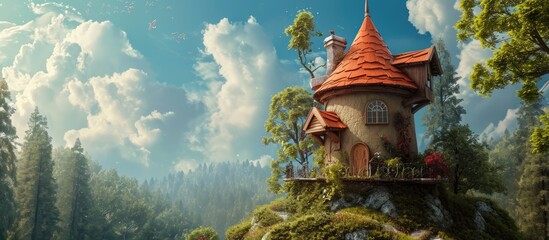 A lovely house in a forested tower under the sky.