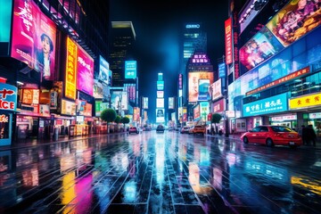 Blurred bokeh effect  vibrant night cityscape with neon lights and urban entertainment