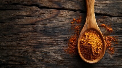 Vibrant paprika powder on spoon with wooden backgroundCopy space banner for food and spice concepts.