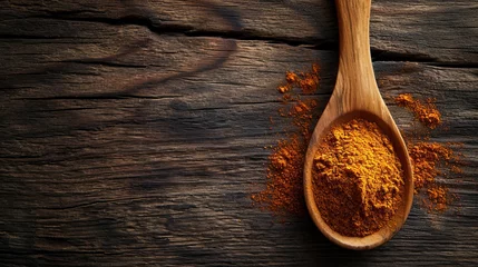 Poster Vibrant paprika powder on spoon with wooden backgroundCopy space banner for food and spice concepts. © Andrei