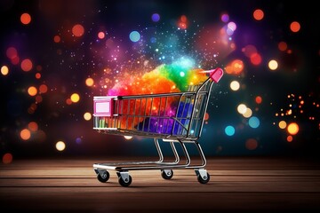 Dynamic retail and e commerce background with blurred bokeh effect and vibrant shopping bags