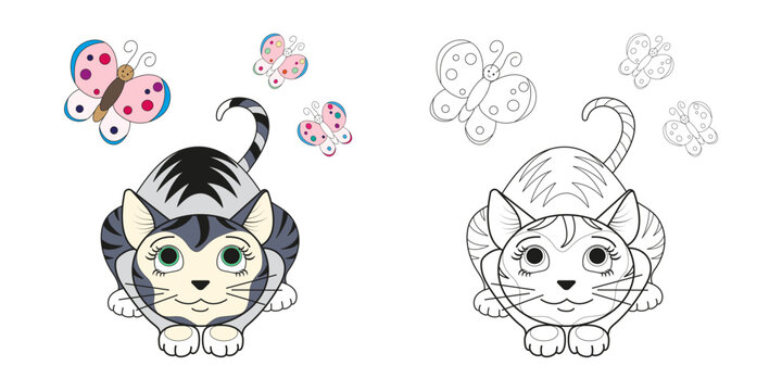 Cute cat with a bow line and color. Cartoon vector illustration for coloring book